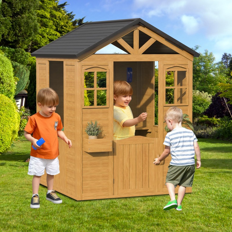 All Spruce Outdoor Kids Playhouse, Toddler Wooden Playhouse for Kids Ages 3-10, with Sink, Stove, Flower Pot Holders, Phone, Kit