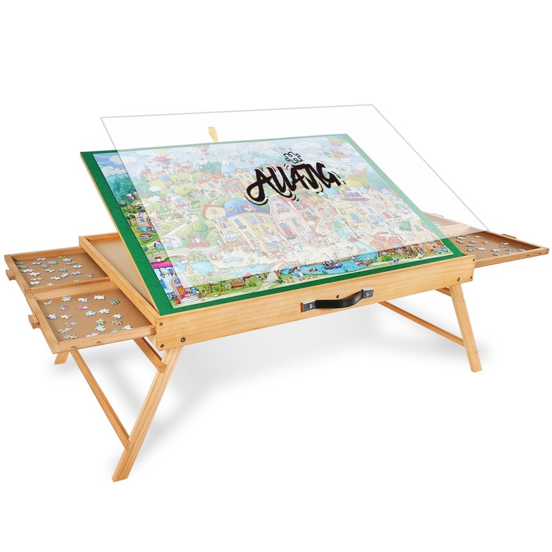 ALL4JIG 1500PCS Portable Puzzle Table with Legs, 25”x34”Adjustable Jigsaw Wooden Puzzle Board with 4 Drawers & Cover Birthday