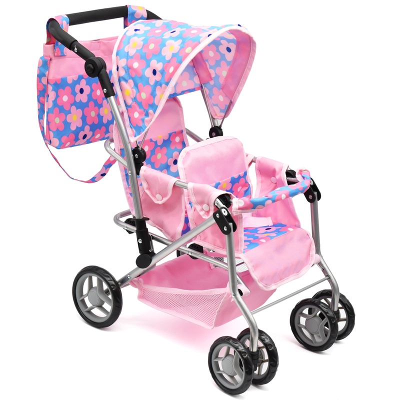 Baby Doll Double Stroller, Twin Buggy Carriage Pretend Play for Girls Kids Toddlers 27 Inches High Rotating Wheels Storage Baske