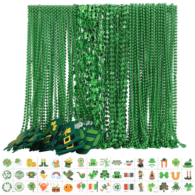 Becfupo 196Pcs St. Patrick’s Day Accessories: 100 Pcs Metallic Green Beaded Necklaces & 96 Pcs Temporary Tattoo Stickers – Irish