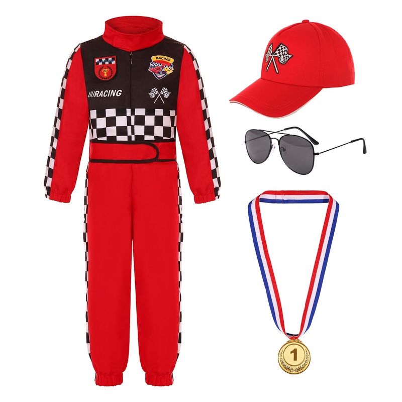 Bordazor Kids Race Car Driver Costume Boys Girls Racer Jumpsuit With Car Cap Kids Dress Up for Halloween (3-4 Years)