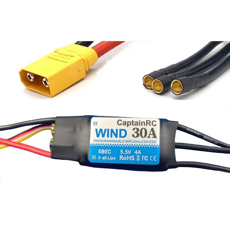 captainrc 30A ESC with 5.5V/4A BEC 2-4S Electric Speed Controller with XT60 & 3.5mm Bullet Plugs for Fixed Wing Airplane/RC Dron