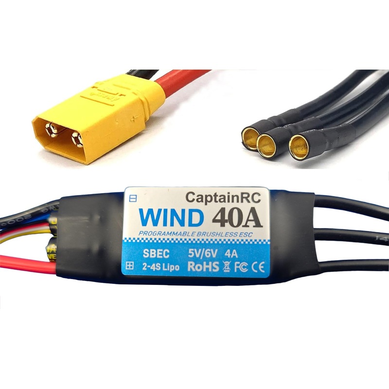 captainrc 40A ESC with 5V 6V/4A BEC 2-4S Electric Speed Controller with XT60 & 3.5mm Bullet Plugs for Fixed Wing Airplane/RC Dro