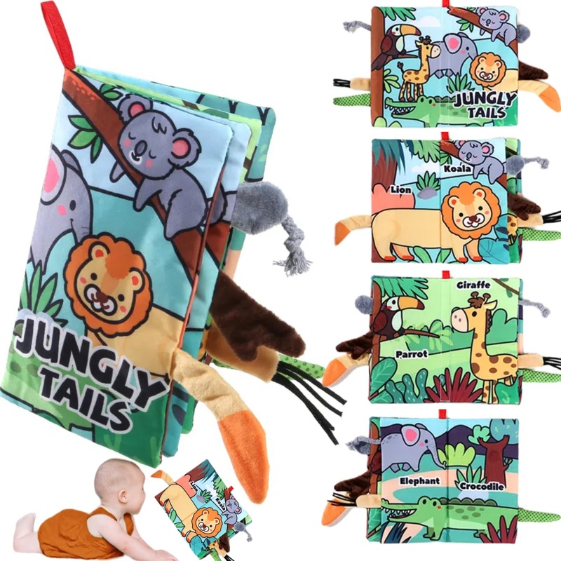 chochumy Soft Baby Books, Tummy Time Cloth Toys, 0-6 Months Touch and Feel Sensory Book Jungle Tails for Babies Girls 6 to 12 Mo