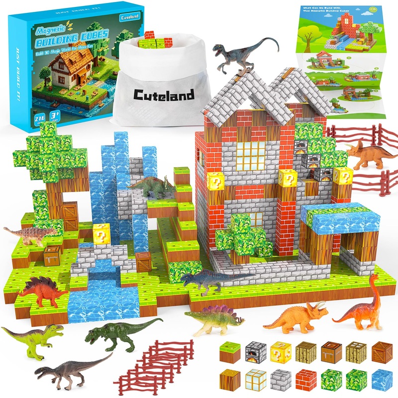 Cuteland Magnetic Blocks 216Pcs Magnetic Building Blocks Toys for Boys 6-8 with 12 Dinosaur Toys, Magnetic Toys for Boys & Girls