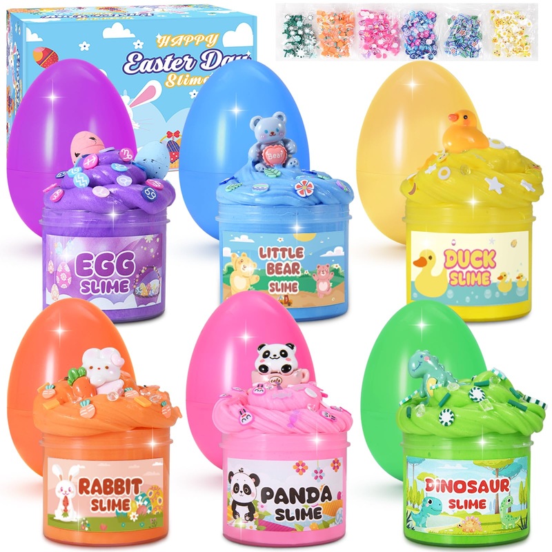 Easter Basket Stuffers, 6 Pack Prefilled Easter Eggs with Slime and Charms, Prefilled Easter Eggs with Toys Inside, Slime Kit Ea
