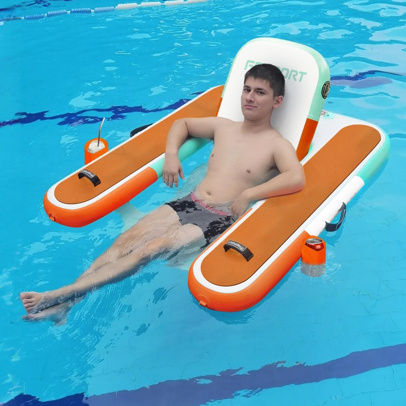 FBSPORT Inflatable Pool Float Lounger for Adults, Water Floating Chair Pool Float Raft with Cup Holder and Backrest for Swimming