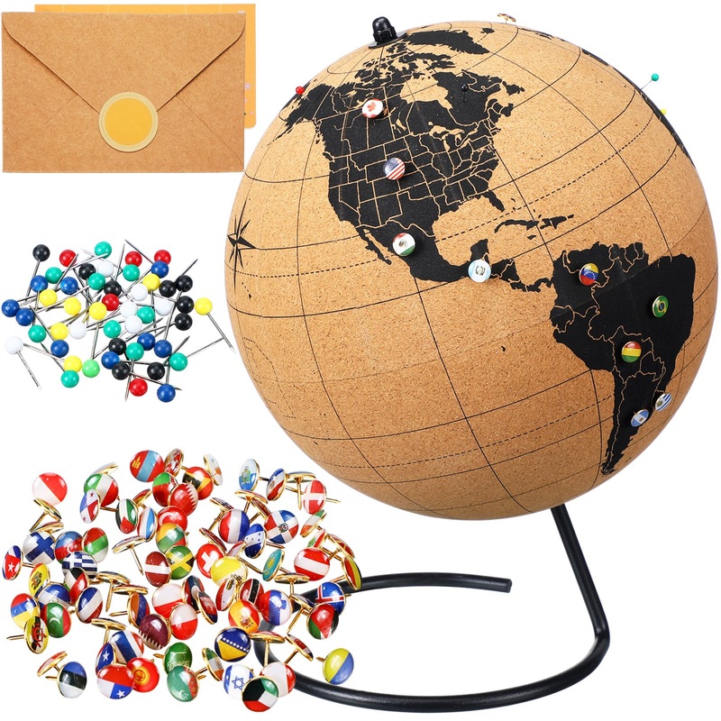 Feifeiya Personalized Cork Globe with 100 National Flag Push for Traveler 13” H X 9.9” Dia World Travel Map the Places You’ll