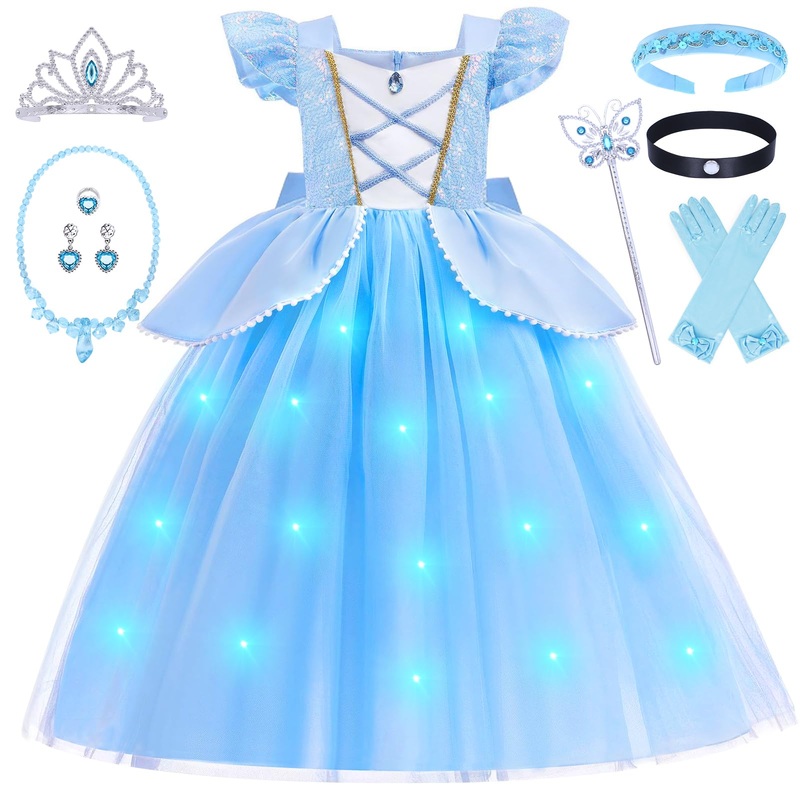 G.C 11PCS Light Up Cinderella Costume Dress for Girls Toddlers Princess Dress Up Clothes with Crown Wand Earrings Necklace Glove