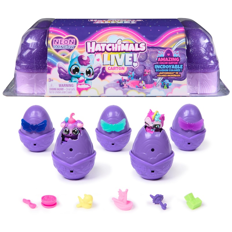 Hatchimals Alive, Neon Rainbow Egg Carton Toy with 5 Mini Figures in Color Reveal Eggs & 11 Accessories, Kids Toys for Girls & B