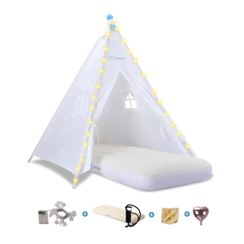 Heypappy Teepee Tent for Kids with Inflatable Airbed, String Lights, Balloons, Pump, Washable Slumber Party Tent Indoor Outdoor