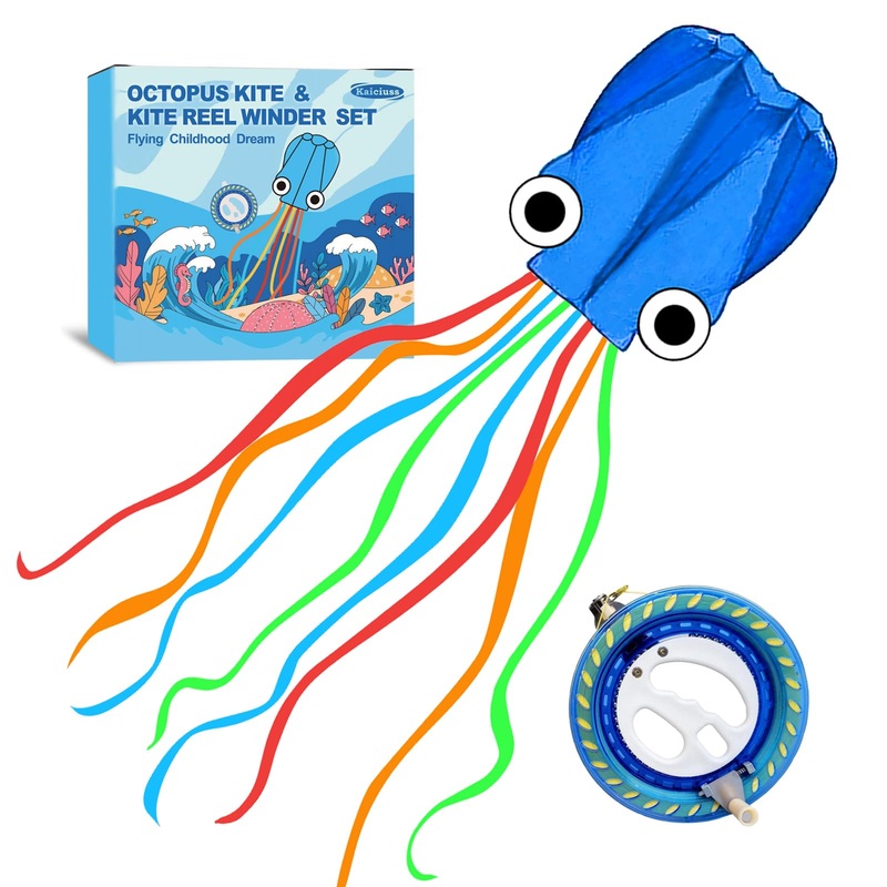 Kaiciuss Octopus Kite with Reel Set, Easy to Fly for Kids & Adults, Single Line Frameless with 7.2 Inch Reel Winder Kit (Blue)