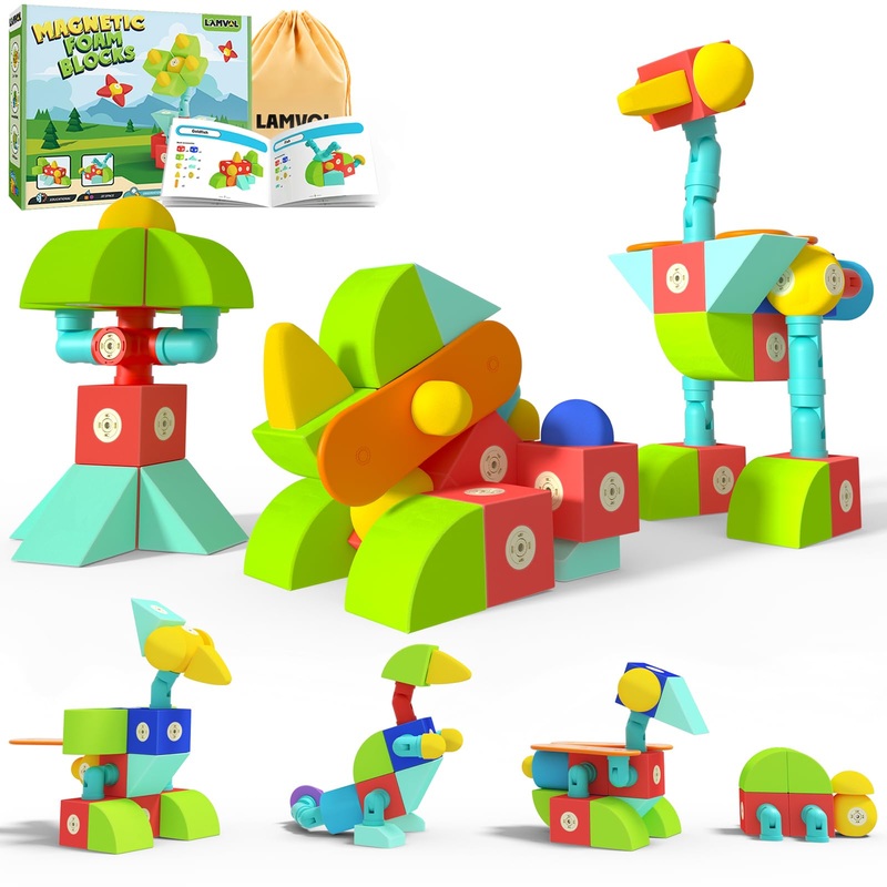 Lamvol Foam Magnetic Blocks, Sensory Bath Toys Building Blocks for Toddlers 1-3, Travel Outdoor Preschool Montessori Toys for Ki