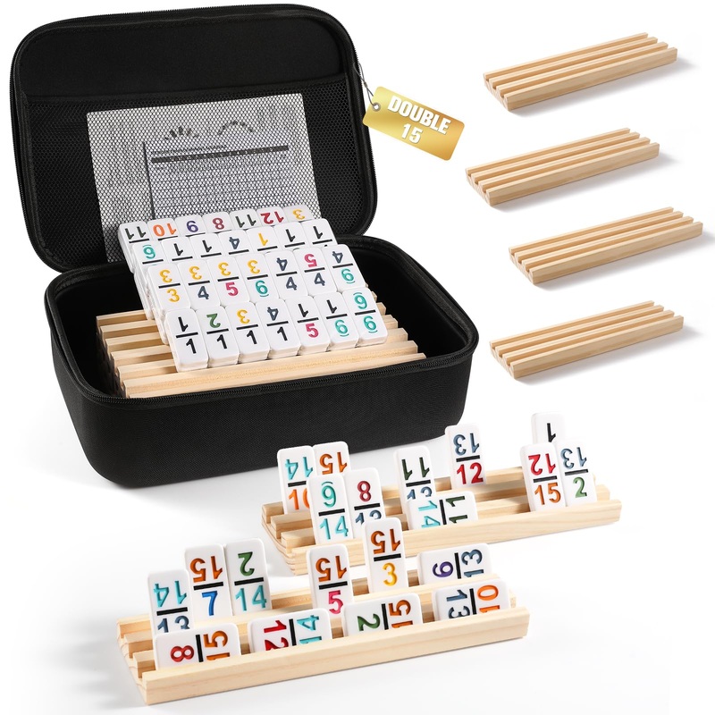 Mexican Train Dominoes Set with Numbers and 8 Wooden Trays/Racks, Double 15 Dominos Travel Set with 8 Tiles Holders, 136 Tiles D