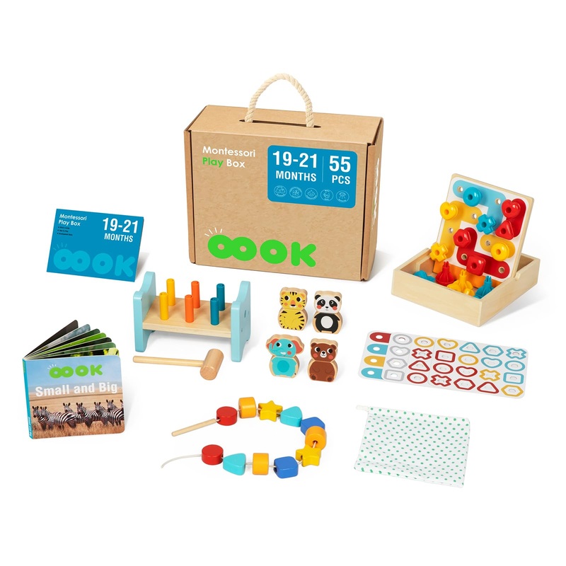OOOK Montessori Educational Toys for 18 + Months, 6 in 1 Learning Toys Set for Toddlers Wooden Toy Present (Pattern Pegs, Pound