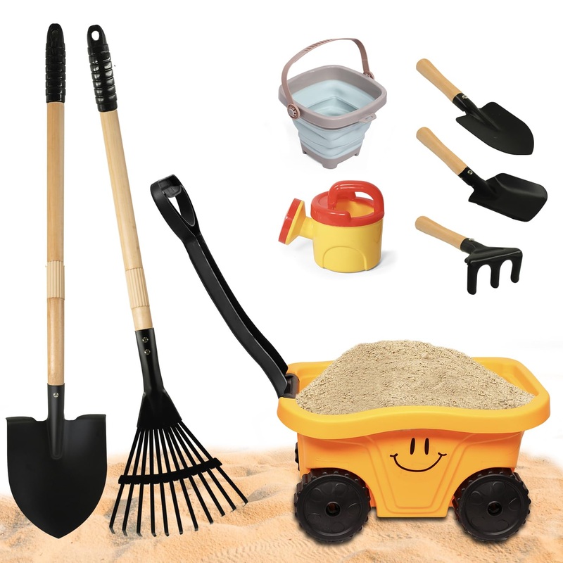 POMIKU Kids Wagon with Beach and Garden Tools Set, Kids Shovel for Digging, Rake, 8PCS Gardening Outdoor Toys for Ages 3-4