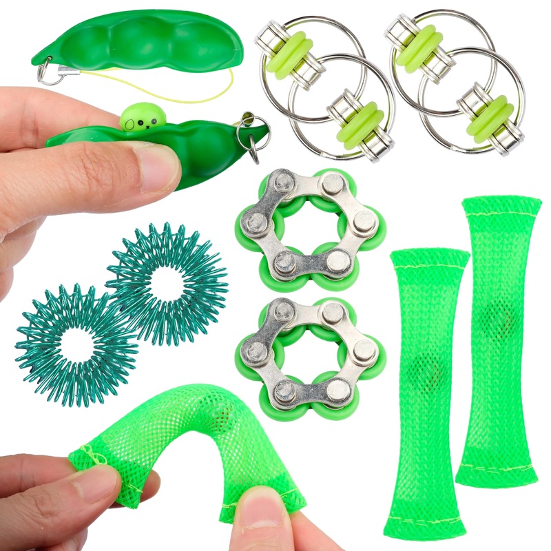 Sensory Fidget Toy 10 Set All Green Roller Bike Chain Fidget Spinner and Marble Fidget Stress Pea Pod Stress Relief Tools, Spiky
