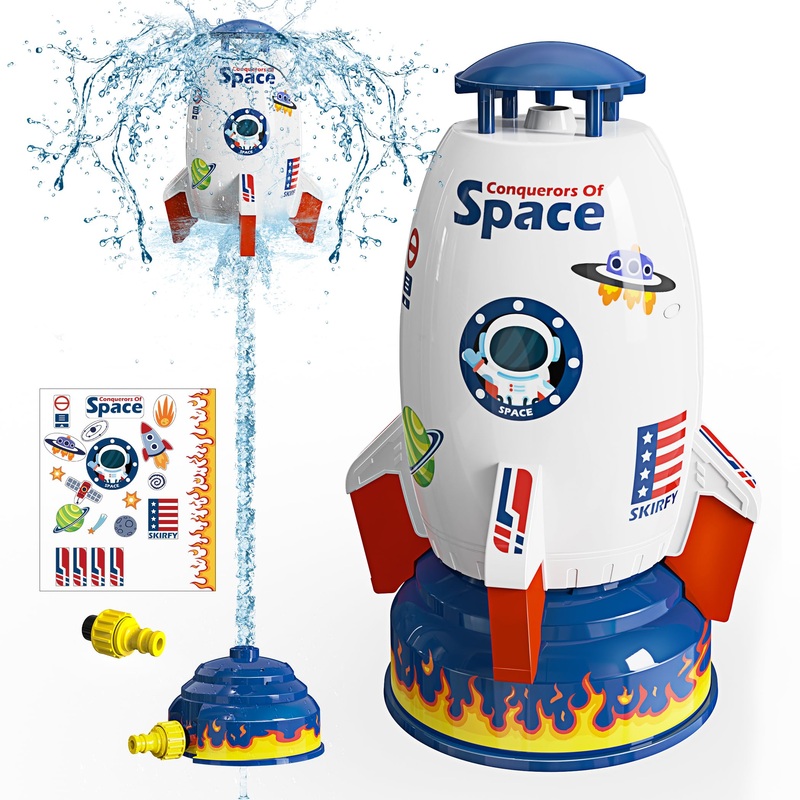 Skirfy Sprinkler Rocket Launcher Outdoor Water Toys for Kids, Rocket Design Water Powered Liftoff 9-16ft & Spin, Summer Garden L