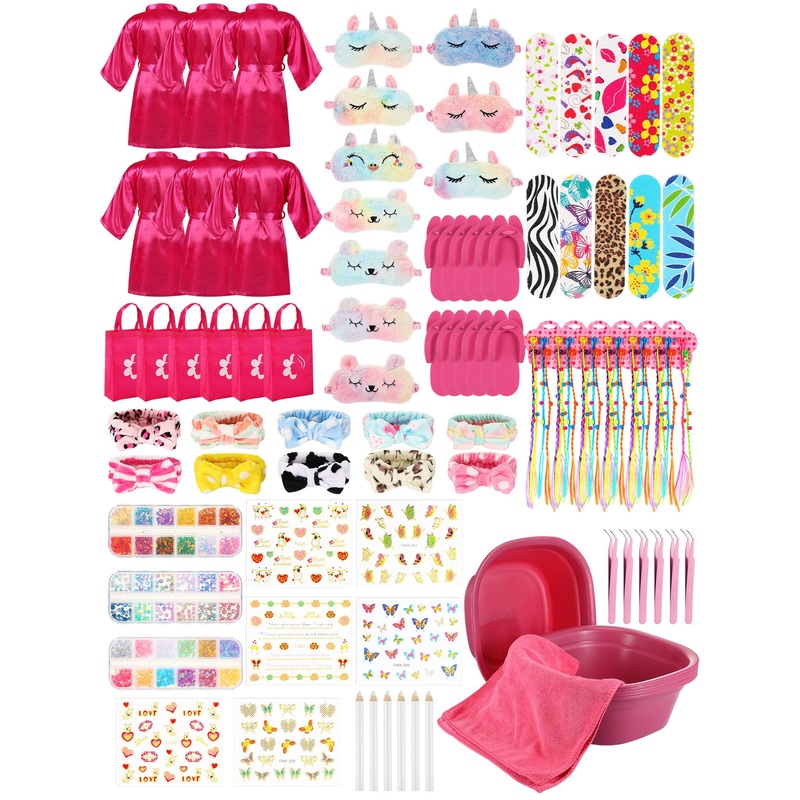 Suhine 6 Set Spa Party Supplies for Girls, Kids Satin Robes Nail Salon Kit Spa Kit Accessories for Birthday Party Favors (Rose R
