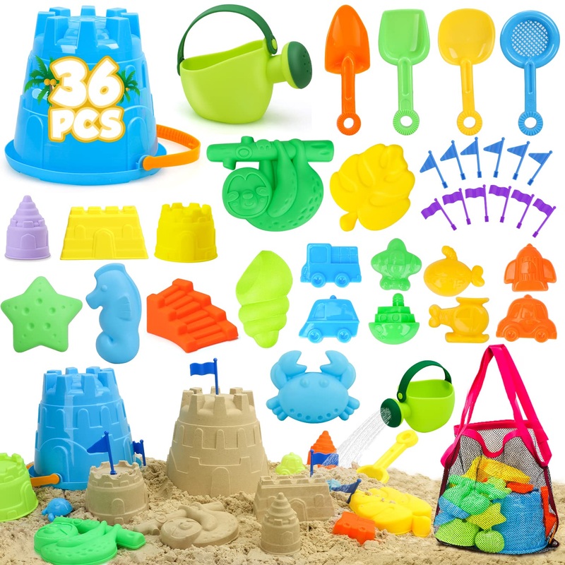 TOY Life 36 Pcs Beach Toys Sand Toys Toddlers with Castle Bucket Shovels & Sand Castle Building Kit Molds, Sandbox Toy Travel, B