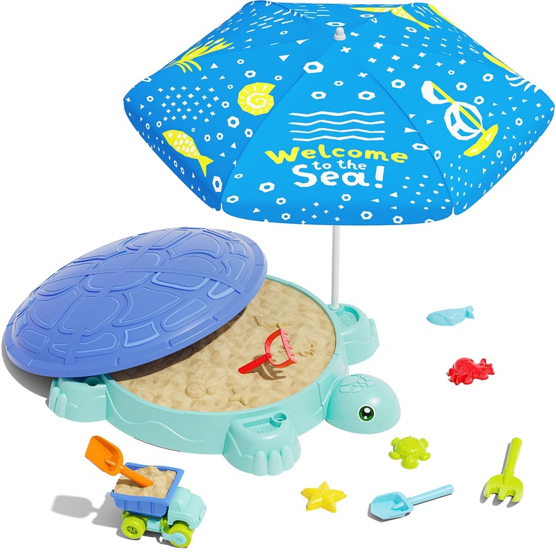 Turtle Sandbox with Lid & Adjustable Umbrella, Kids Sand Box with Sand Molds and Shovels Set for Sensory Play, Toddler Outdoor I