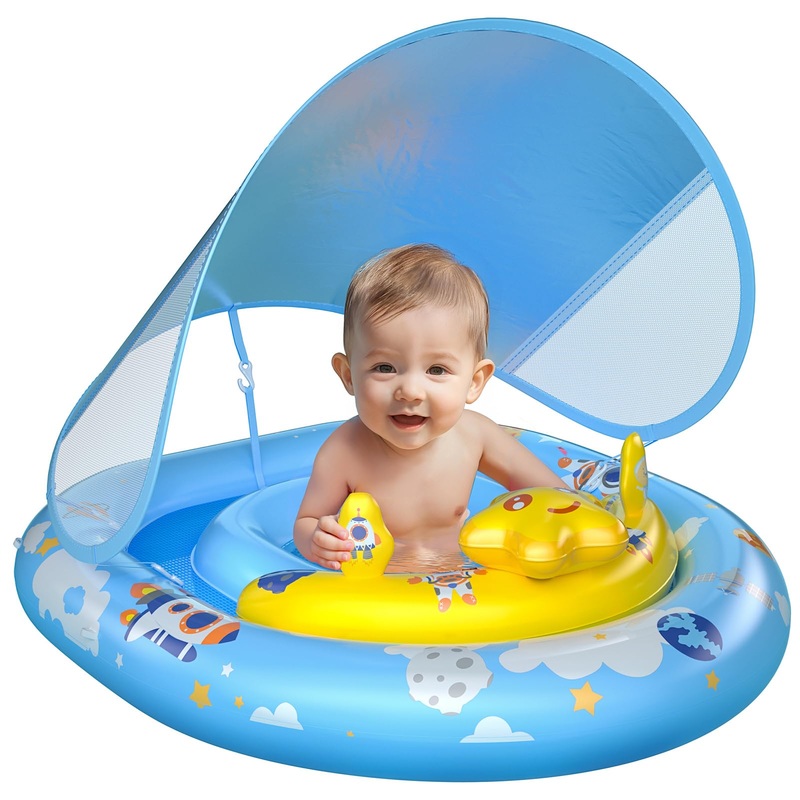 WayEee Baby Pool Float with UPF50+ Canopy – Inflatable Swim Float, Adjustable Safety Seat, Toy Play Console, Sun Protection for