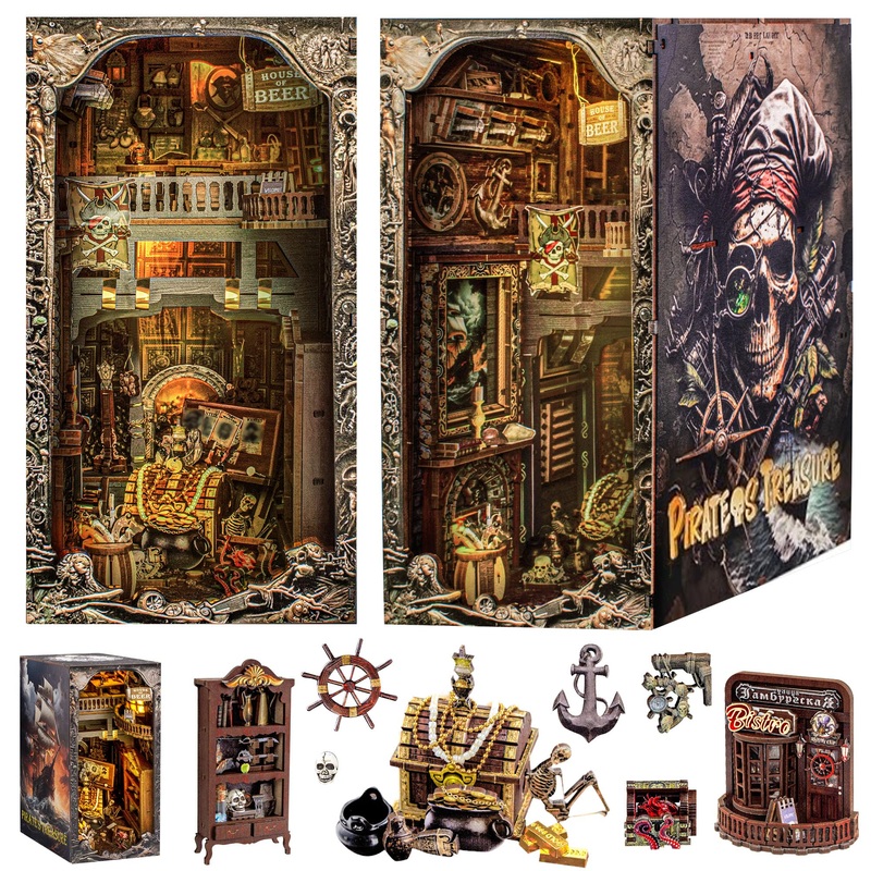 Wimlade Book Nook Kits – 3D Pirate Ship Puzzle DIY Miniature House Kit for Bookshelf Decor, Wooden Puzzles with LED Lights, Hall