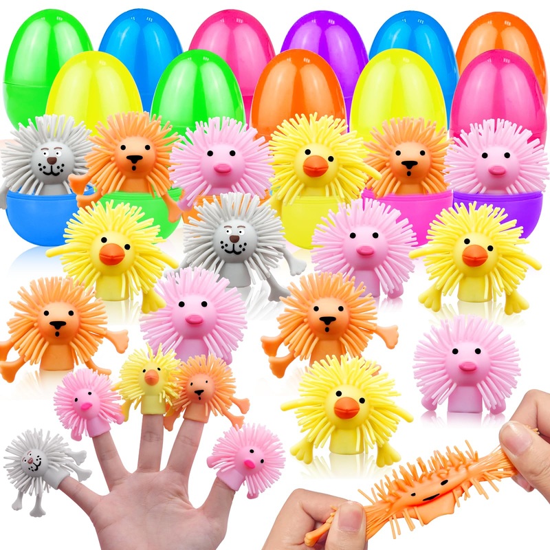 24 Pack Easter Eggs Filler Prefilled Animals Puffer Finger Puppets for Kids Toddler Easter Basket Stuffer Essential, Stretchy St