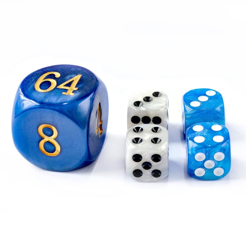 5pcs Set 30MM Backgammon Pearl Dice Set – 30MM (1 3/16”) Large Backgammon Doubling Cube Plus 4pcs 16MM Dice (Blue/White Marblei