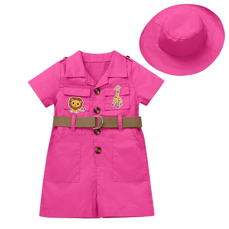 Baby Safari Outfit Wild One Birthday Outfit Girl Short Sleeve Safari Jumpsuit with Hat Toddler Zoo Keeper Costume Rose Red 6-12