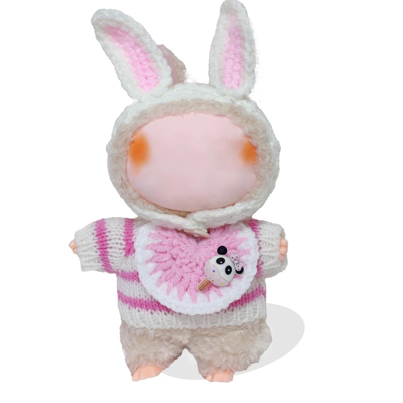 Clothes for Labubu 17cm Labubu Accessories Crochet 3 Piece Set Outfits for Labubu(Pink Rabbit)