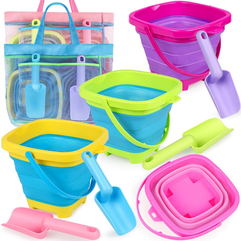 Collapsible Beach Buckets for Kids, 4 Packs Foldable Sand Buckets and Shovels with Mesh Beach Bag, Silicone Sand Pails for Toddl