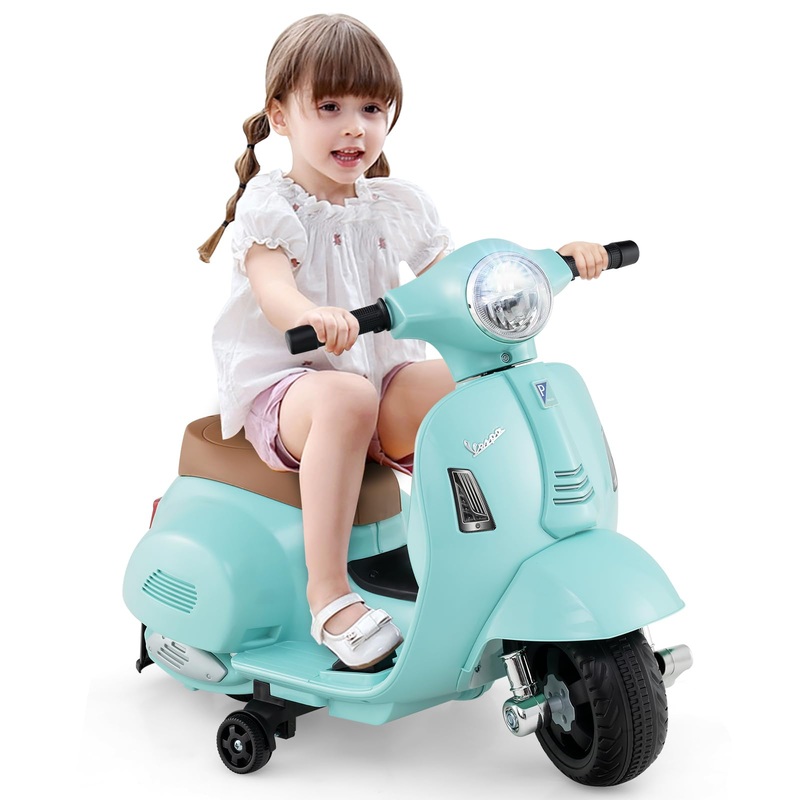 Costzon Toddler Motorcycle, Licensed Vespa Ride on Motorcycle with Training Wheels, LED Headlight & Horn Sound, Ride on Toy, 6V