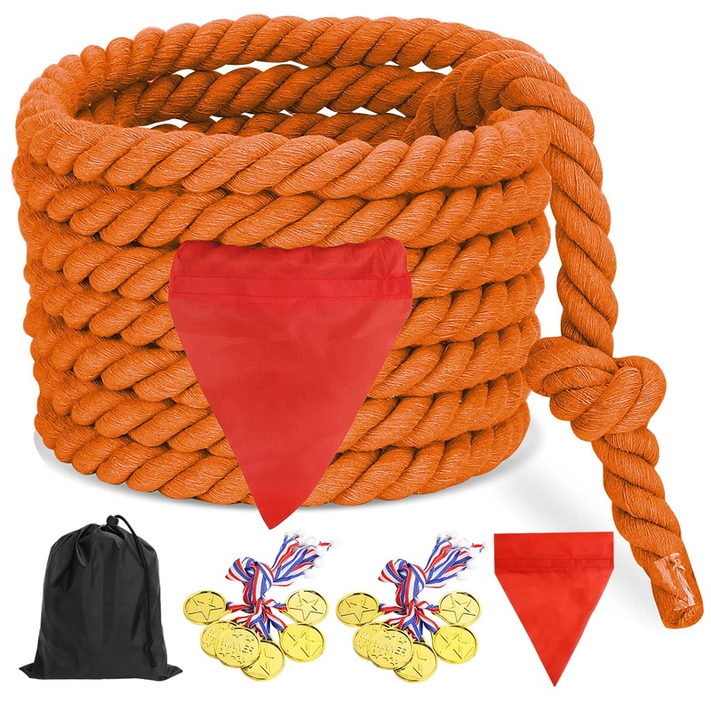CWLAKON Tug of War Rope 40ft for Kids Adult, Outdoor Field Day Family Reunion Birthday Party Games, Orange, Includes 18 Medals,