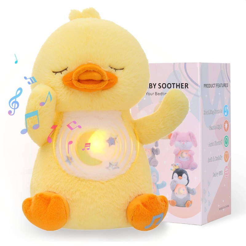 Emoin Duck Stuffed Animal, Soothing Breathing Duck Plush Sleep Buddy Soothe Snuggle Duck Baby Toy with Realistic Breathing Motio