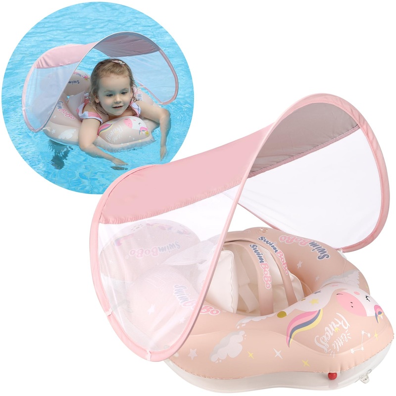 Free Swimming Baby Infant Pool Float with Sun Canopy Inflatable Baby Swimming Floatie with Sponge Safety Bottom Support Water To