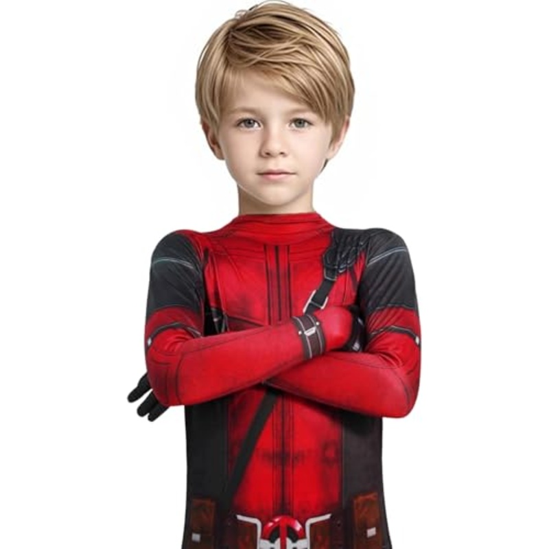 Heroes Kids Jumpsuit 3D Print Bodysuit with Headwear Mask for Boys (L (Height:51-54in)) Red