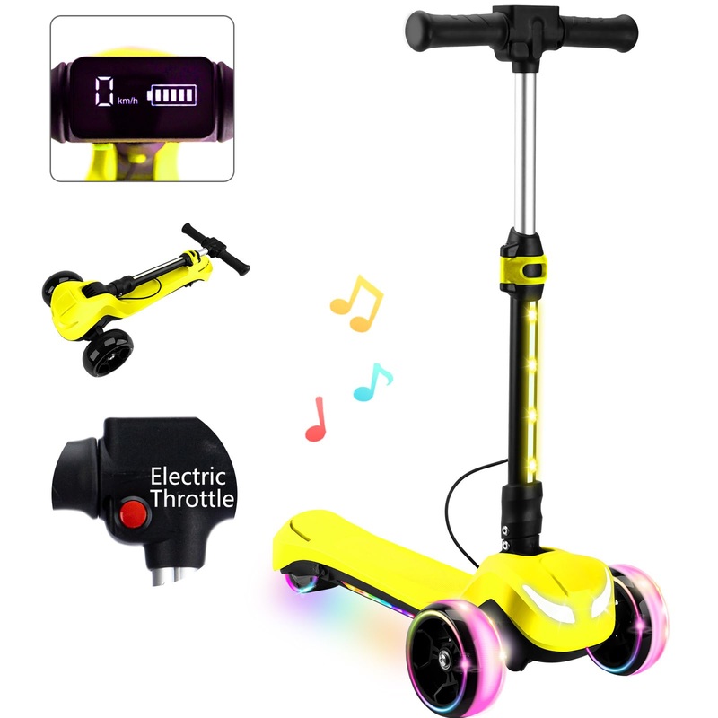 Kids Electric Scooter w/LCD Screen, Bluetooth Music, Light-Up Stem Deck & Wheels, Thumb Throttle, 3 Adjustable Heights, 150W Pow