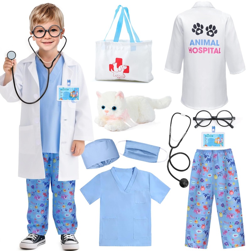 Latocos 10pcs Kids Veterinarian Costume Toddler Doctor Vet Kit Play Set Cat Coat for Boys Girls Halloween Dress Up Career Day (B