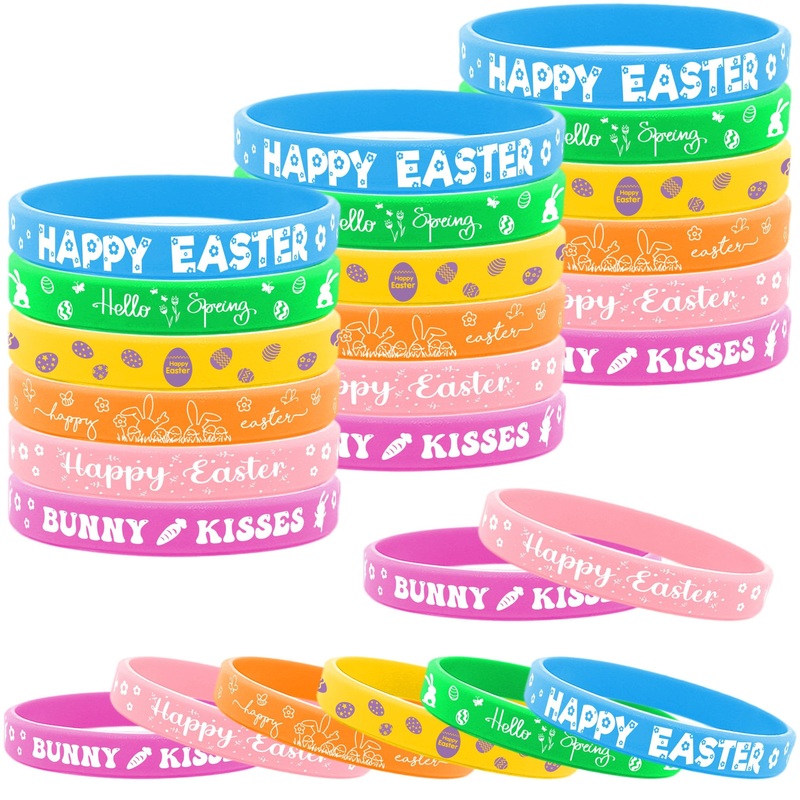 Lesnala 48 PCS Easter Rubber Wristband Theme Party Silicone Bracelet for Kids Teens Women Men Gifts Holiday Accessories Basket S