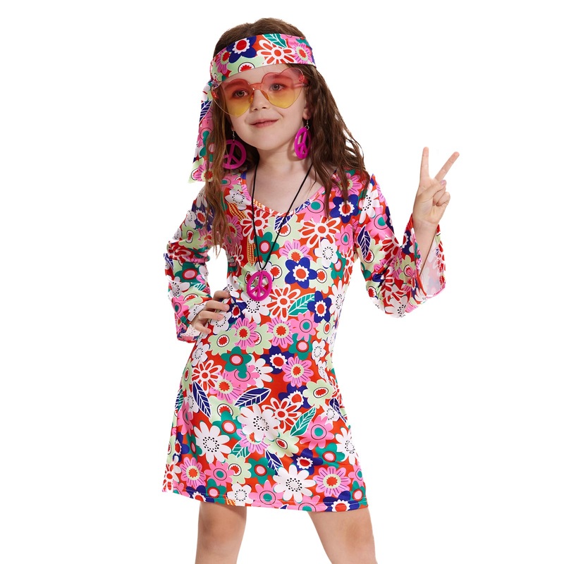 MRYUWB 70s Hippie Dress for Girls, 1970s Outfits Peace Sign Necklace Headband, 60s Themed Party Costumes for Kids 5-14 Years (Fl