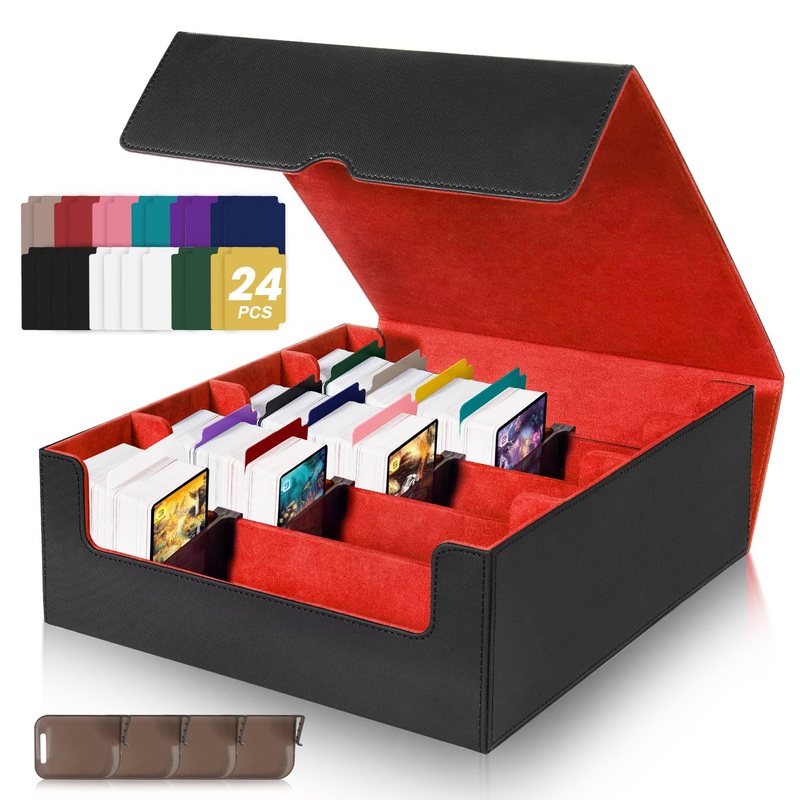 MZTXY Card Organizer Box, 3000+Trading Card Storage Box, PU Leather Card Organizer Box With 24 Dividers, Magnetic Closure, 4 Sup
