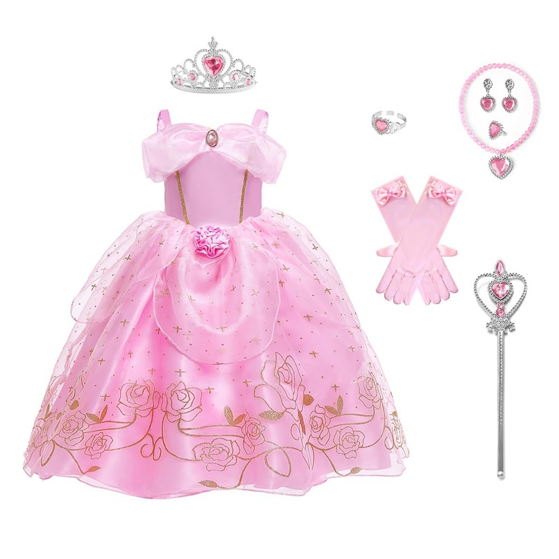Princess Aurora Costume for Girls Birthday Party Outfit Halloween Cosplay Dress up with Accessories for 9-10