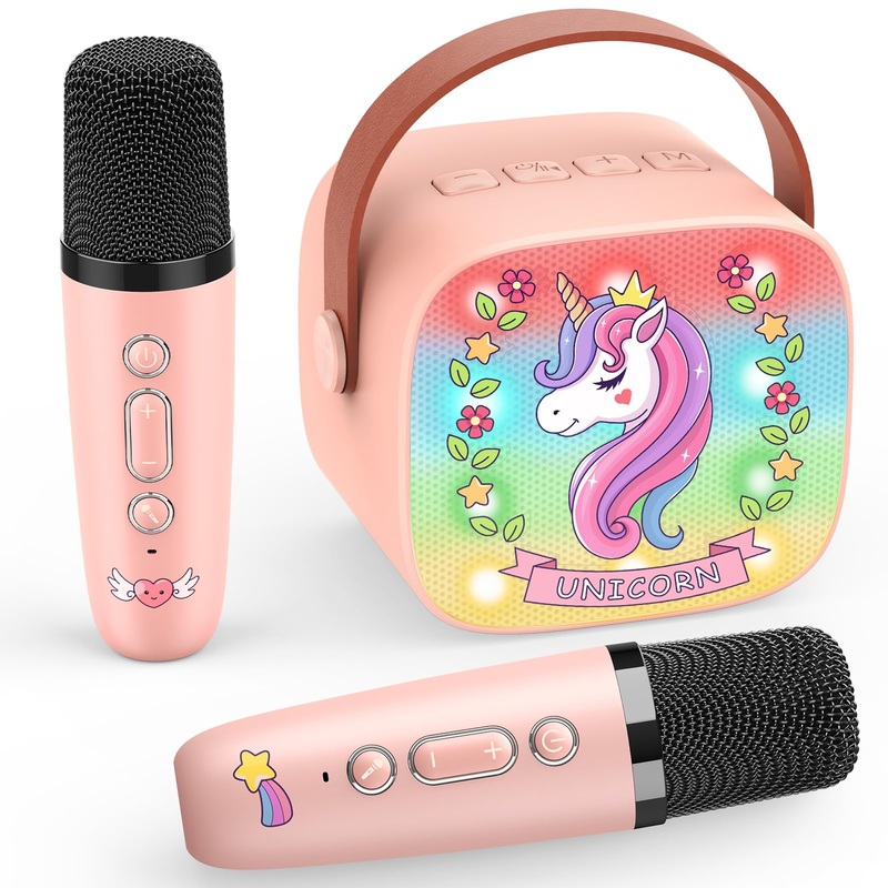 Unicorn Karaoke Microphone Machine Toys: Colorful LED Portable Bluetooth Speaker with 2 Wireless Mics Toys Gifts for 4 5 6 7 8 9
