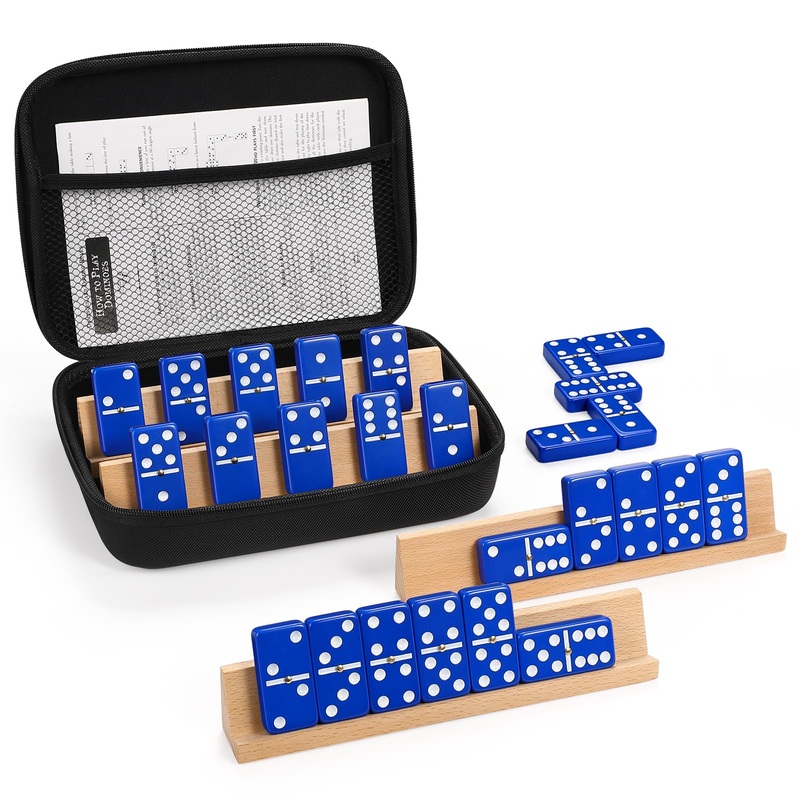 uvcany Dominoes Set for Adults with 4 Wooden Racks/Trays, Double Six Travel Portable Case 6 Tiles Holders, 28 Dominos Family Boa