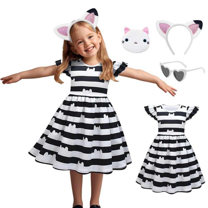 YODISON Cat Dollhouse Costume Ruffle Sleeve Casual Dresses With Headband Wallet And Glasses Halloween Birthday Party Outfits For