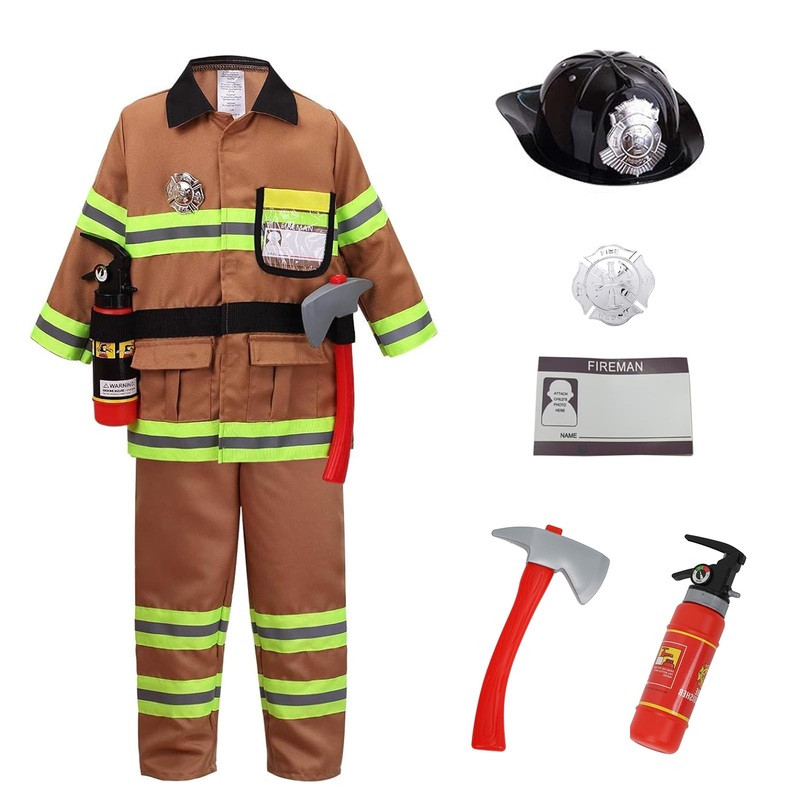 yolsun Tan Fireman Costume for Kids, Boys’ and Girls’ Firefighter Dress up (7 pcs) 4-5 Years