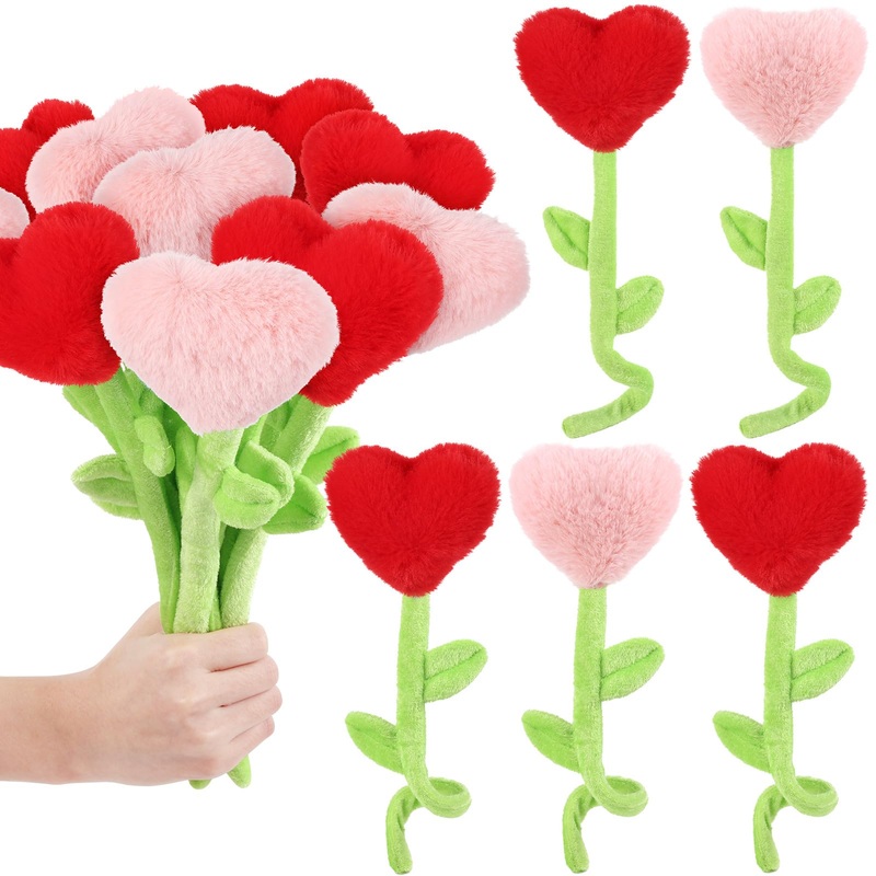 ZJoey 10 Pcs Plush Heart Flower Stuffed Bendable Stems Plush Bouquet Toy Soft Rose Flower 12.6 Inch for Christmas 2025 Mother’s