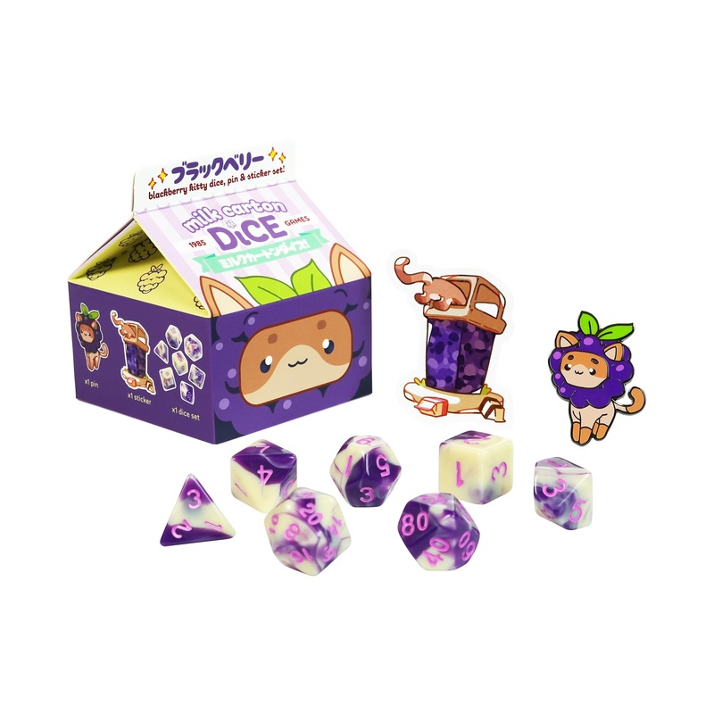 1985 Games BlackBerry Kawaii Cat Dice Set – Milk Carton-Inspired Dice for DND | TTRPGs & Tabletop Roleplaying
