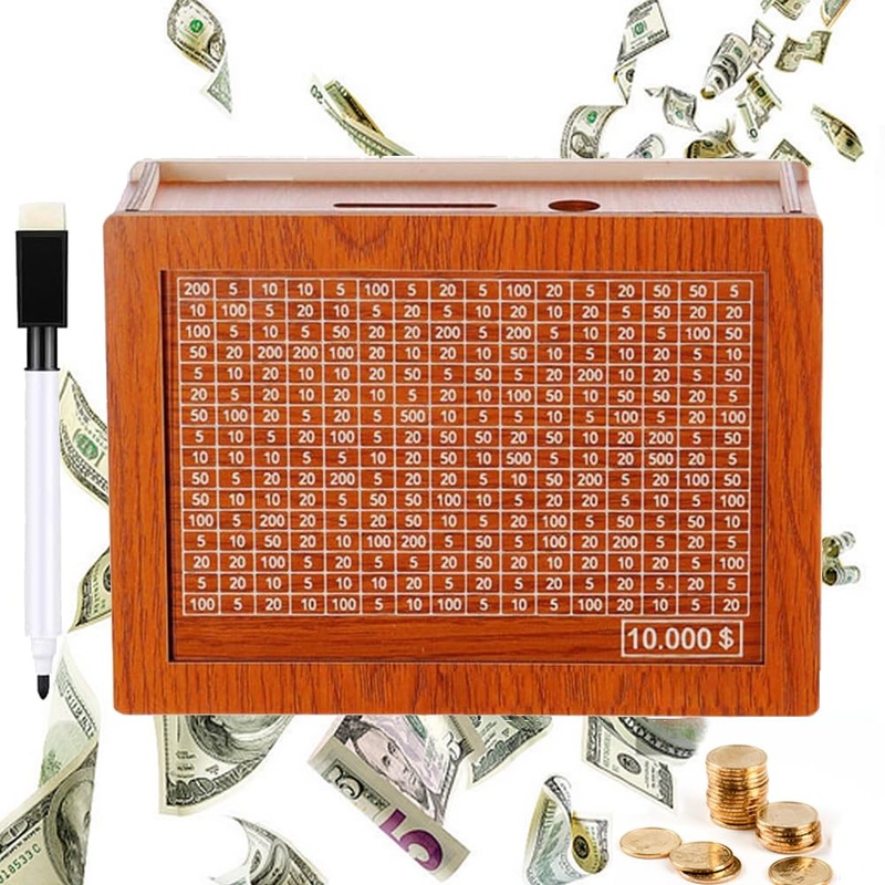 Cash Vault Wooden Savings Box,10000 Savings Challenge Box, Cash Saver Money Box, Wooden Cash Savings Box with Money Target and N